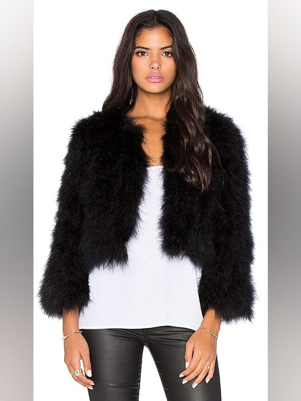 BCBGMAXAZRIA Margaret Cropped Black Genuine Feather Jacket XXS